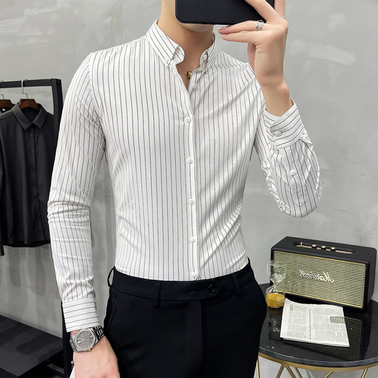 White Long Sleeve Vertical Striped Men’s Shirt